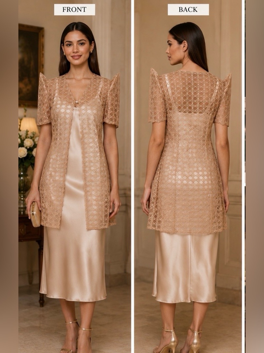 Elegant Filipiniana Bolero Lace Longline Top in Nude